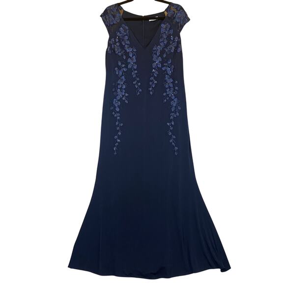 Calvin Klein Navy Blue Embroidered V-neck Cap Sleeve Maxi Dress Size 14 - Picture 1 of 10